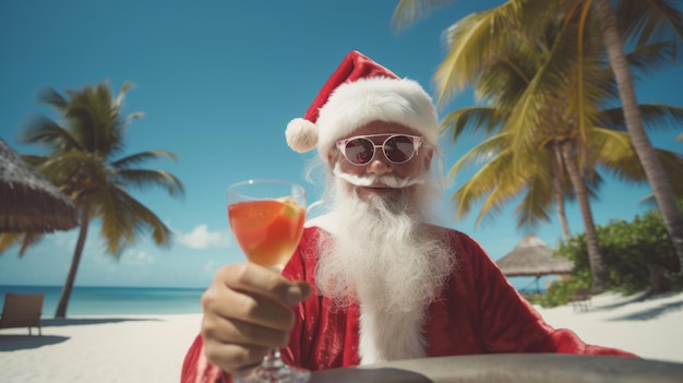 Papá Noel está de vacaciones Papá Noel en la playa del mar Con un cóctel en la mano Vacaciones navideñas