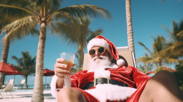 Papá Noel está de vacaciones Papá Noel en la playa del mar Con un cóctel en la mano Vacaciones navideñas