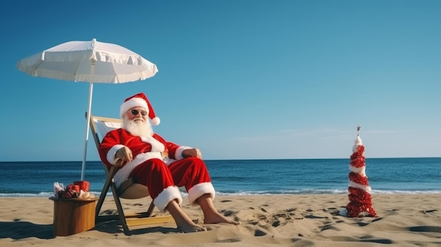 Papá Noel está de vacaciones Papá Noel en la playa del mar Vacaciones de Navidad