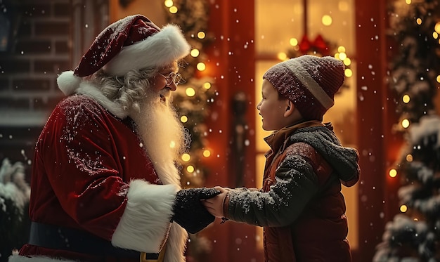 Papá Noel estrechando la mano con el niño felicitándolo por la Navidad frente a su casa