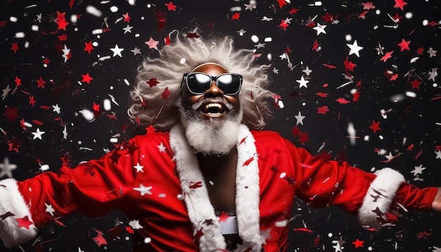 Papá Noel de etnia afro les desea a todos una feliz navidad con gafas y confeti saludando fuegos artificiales