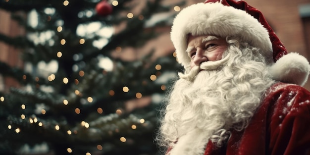 Papá Noel frente a un árbol de Navidad