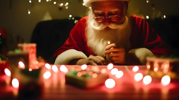 Papá noel frente a un árbol de navidad