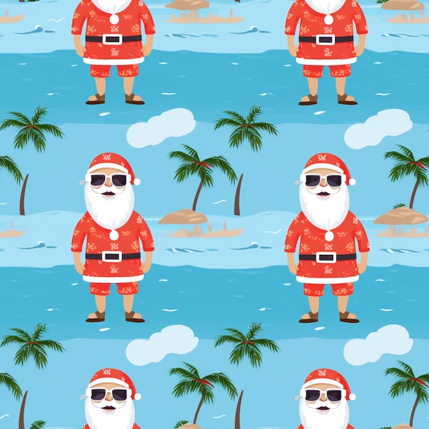 Papá Noel con gafas de sol y un traje rojo de pie en una playa generativa ai