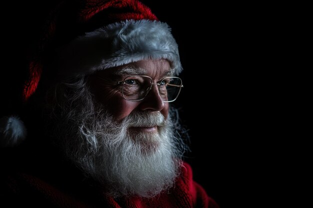 Papá Noel con gafas y sonriendo sobre un fondo oscuro