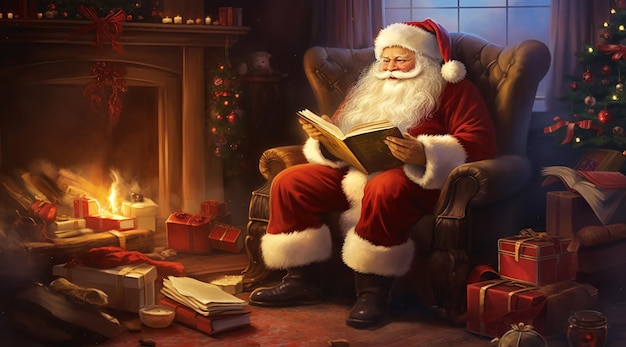 Papá Noel lee libros sobre la vida navideña