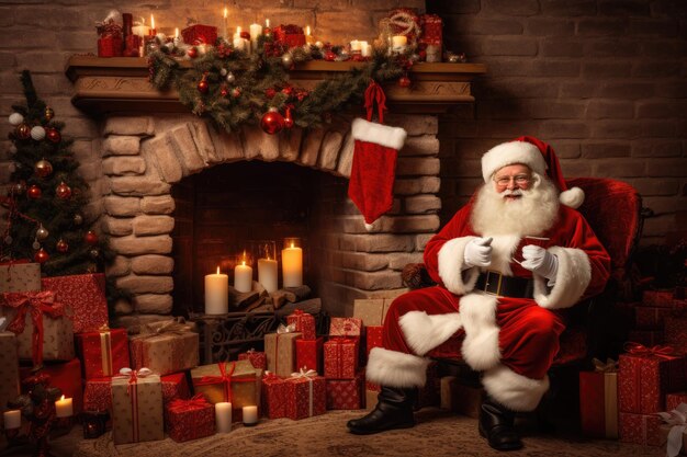 Foto papá noel leyendo cartas de niños mientras descansa en un sillón en su casa