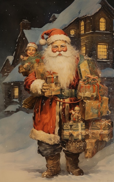 Papá Noel llevando regalos en la tarjeta postal de la noche de Navidad