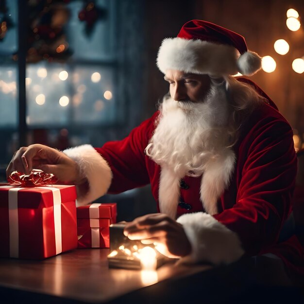 Papá Noel en la mesa con regalos