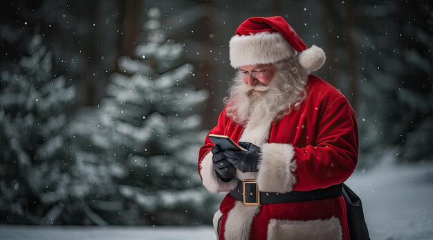 Papá Noel mirando su teléfono al aire libre en un bosque nevado concepto de Navidad Papá Noel usando teléfono celular IA generativa.