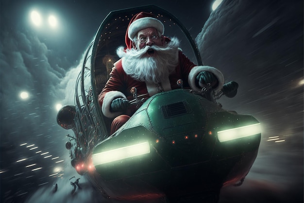 Un Papá Noel monta una moto de nieve en una noche oscura.