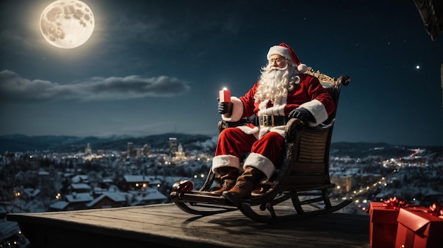 Papá Noel montado en trineo con caja de regalos contra la luna brillante sobre la ciudad