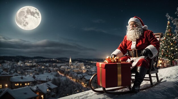 Foto papá noel montado en trineo con caja de regalos contra la luna brillante sobre la ciudad