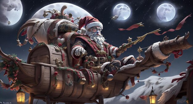 Papá Noel montado en un trineo de madera con fondo navideño