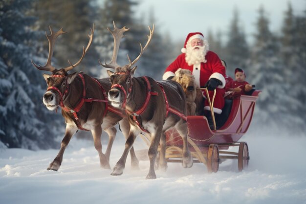 Papá Noel montado en un trineo con renos y regalos