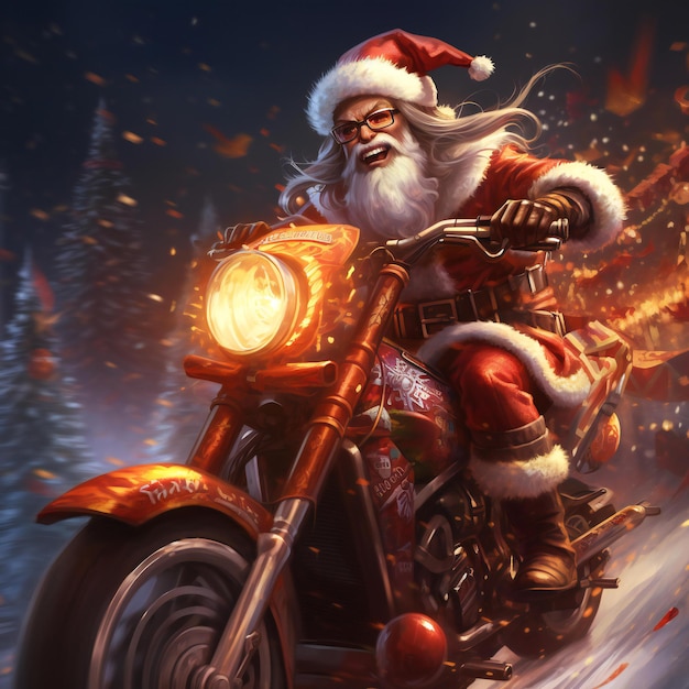 Papá Noel montando una motocicleta en el bosque de invierno concepto de Navidad y Año Nuevo