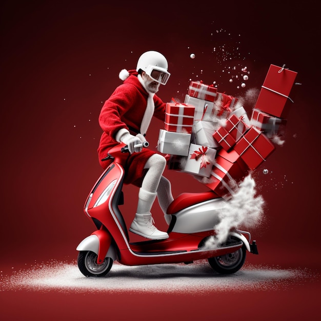 Papá Noel montando su scooter y llevando regalos.