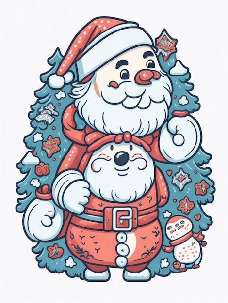 Papá Noel con el muñeco de nieve y el árbol de Navidad decorado Sticker Adorable Color suave