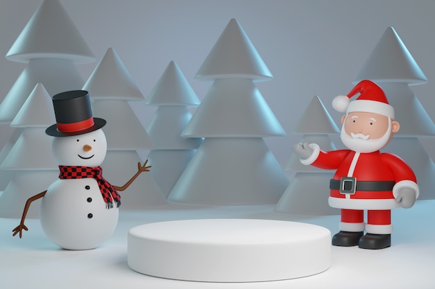 Papá Noel y muñeco de nieve con podio. Concepto de navidad. Ilustración 3D.