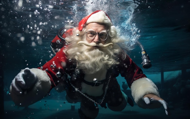 Papá Noel nada bajo el agua Papá Noel