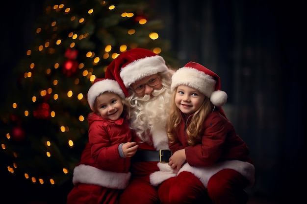 Papá Noel y niñas cerca del árbol de Navidad Celebración navideña