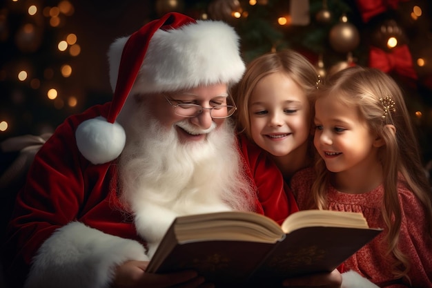 Papá Noel y los niños están leyendo un libro Noche festiva antes de Navidad