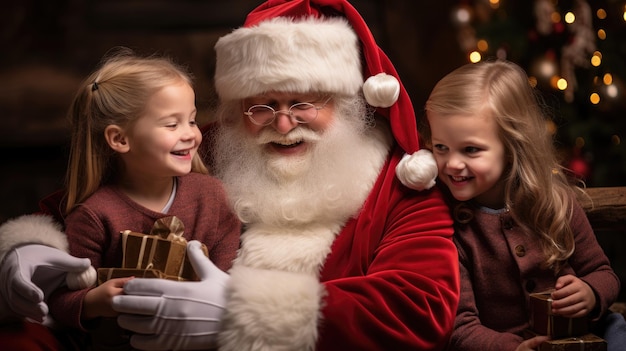 Papá Noel con niños y regalos