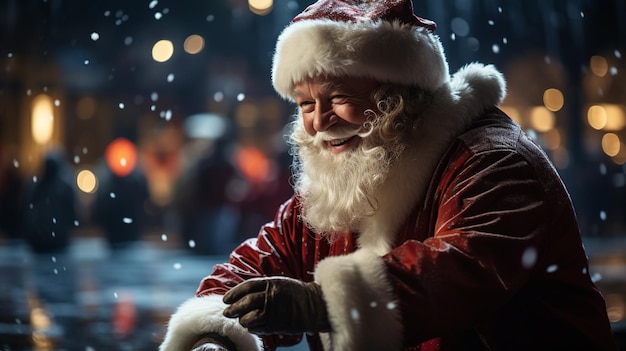 Papá Noel organizando una pista de patinaje sobre hielo al aire libre rodeada de luces parpadeantes