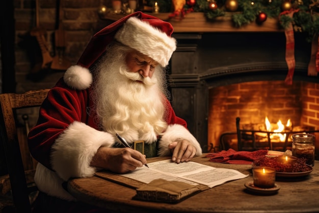 Papá Noel con el pelo rojo sentado junto a la chimenea firmando una carta en la mesa navideña