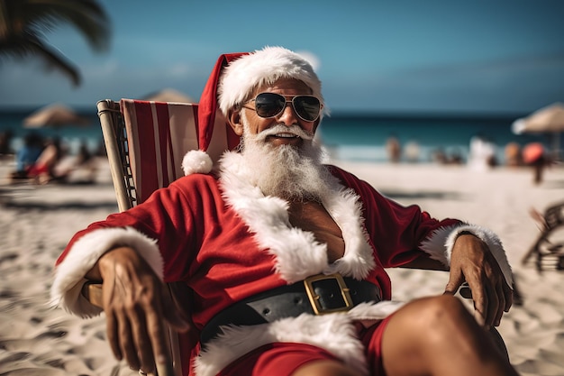 Papá Noel en la playa concepto de vacaciones de Navidad Generativo Ai