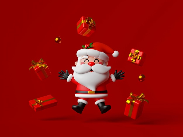 Foto papá noel con regalo de navidad sobre fondo rojo feliz navidad ilustración 3d