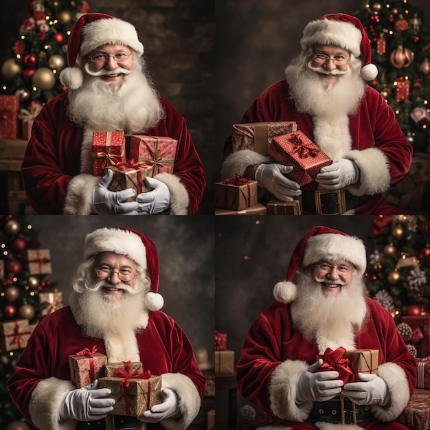 Papá Noel con regalos de Navidad junto a un árbol de Navidad para una tarjeta de Navidad