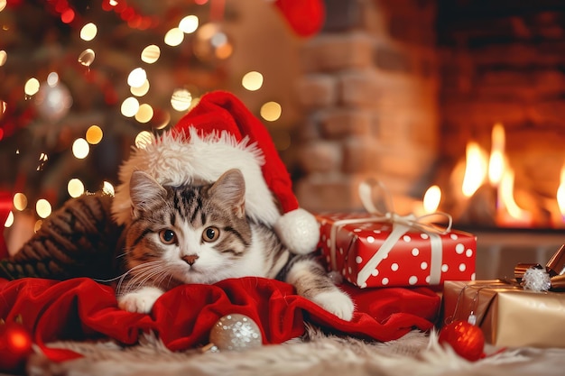 Papá Noel con regalos de Navidad Santa Nicolás sentado junto a la chimenea Presentes de Navidad