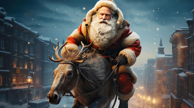 Papá Noel en un reno volando sobre una ciudad de invierno IA generativa
