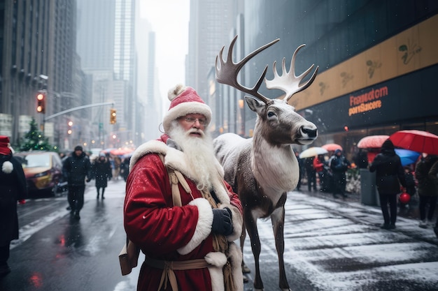 Papá Noel con renos en las calles de la ciudad.