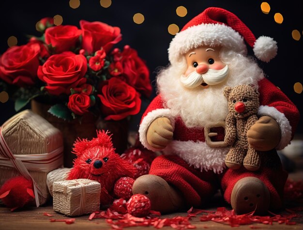 Papá Noel con rosas rojas y regalos.