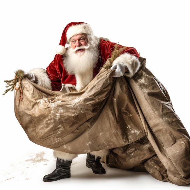 Papá Noel sacando una enorme bolsa de regalos