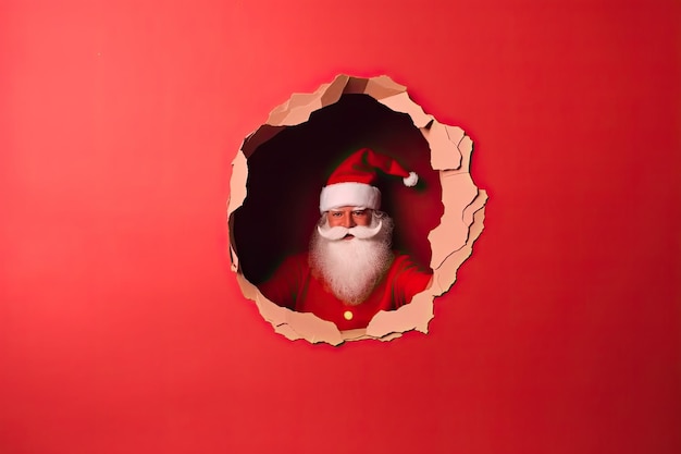 Papá Noel señalando con el dedo algo en un fondo rojo espacio publicitario vacío Ai generativo