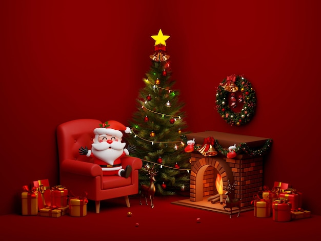 Papá Noel sentado frente a la chimenea en la habitación decorada con árbol de Navidad y caja de regalo