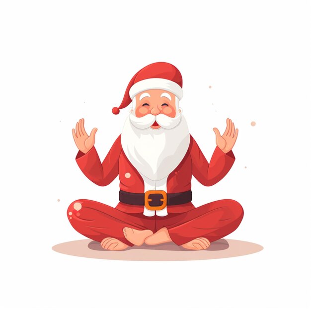 Foto papá noel sentado en una pose de yoga con las manos en alto.