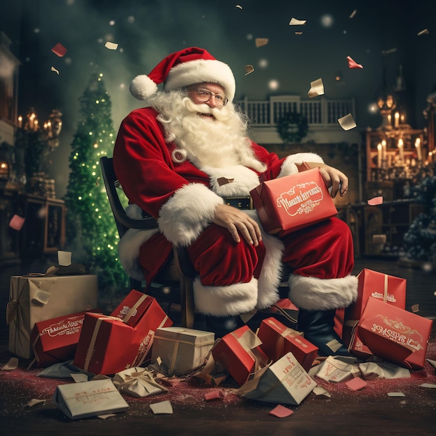 Papá Noel sentado en una silla con regalos a su alrededor.