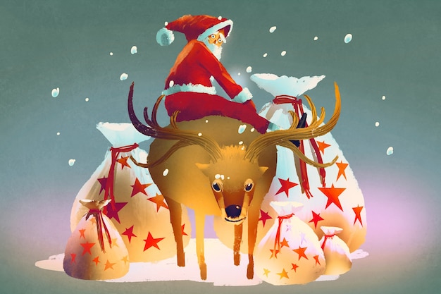 Papá Noel sentado en su reno con bolsas de regalo, pintura de ilustración