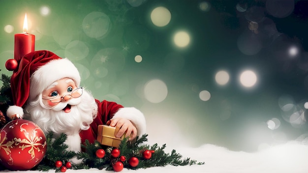 Un Papá Noel se sienta en la nieve con un árbol de Navidad en el fondo