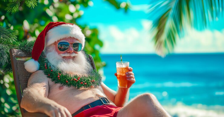 Papá Noel se sienta en una silla de playa en una playa tropical sosteniendo un cóctel y relajándose bajo el cálido sol Generativo Ai