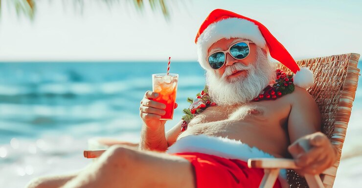 Papá Noel se sienta en una silla de playa en una playa tropical sosteniendo un cóctel y relajándose bajo el cálido sol Generativo Ai