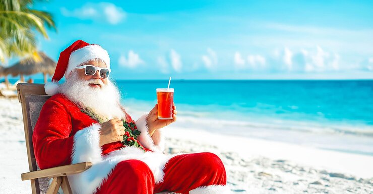 Papá Noel se sienta en una silla de playa en una playa tropical sosteniendo un cóctel y relajándose bajo el cálido sol Generativo Ai