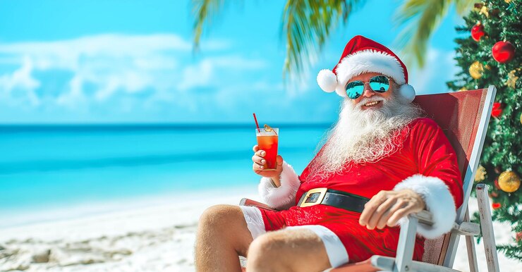 Papá Noel se sienta en una silla de playa en una playa tropical sosteniendo un cóctel y relajándose bajo el cálido sol Generativo Ai