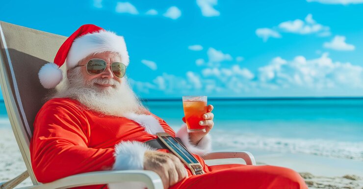 Papá Noel se sienta en una silla de playa en una playa tropical sosteniendo un cóctel y relajándose bajo el cálido sol Generativo Ai