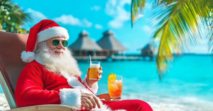 Papá Noel se sienta en una silla de playa en una playa tropical sosteniendo un cóctel y relajándose bajo el cálido sol Generativo Ai