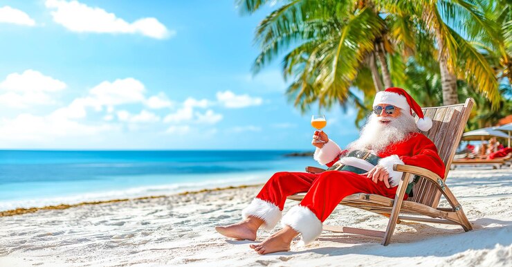 Papá Noel se sienta en una silla de playa en una playa tropical sosteniendo un cóctel y relajándose bajo el cálido sol Generativo Ai